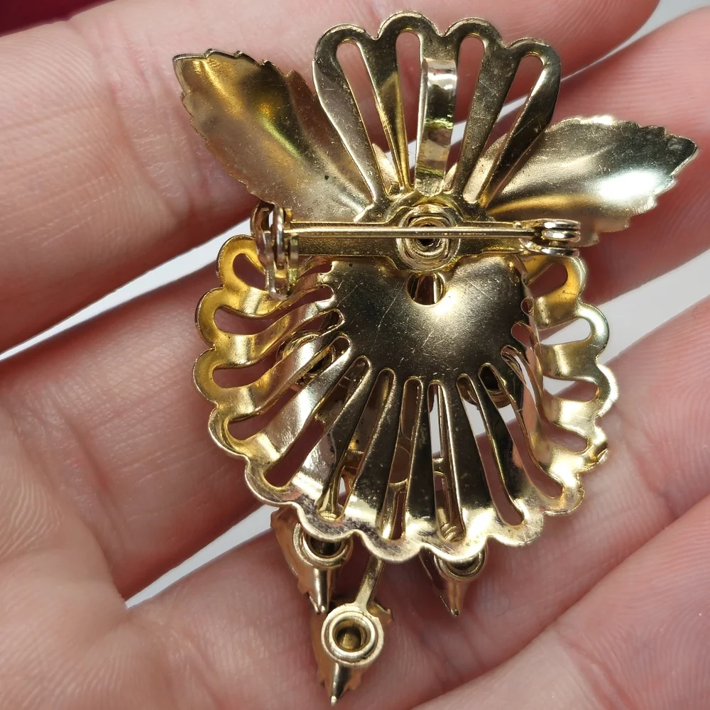Vintage Red Crystal Gold Plated Leaf Brooch or Pendant